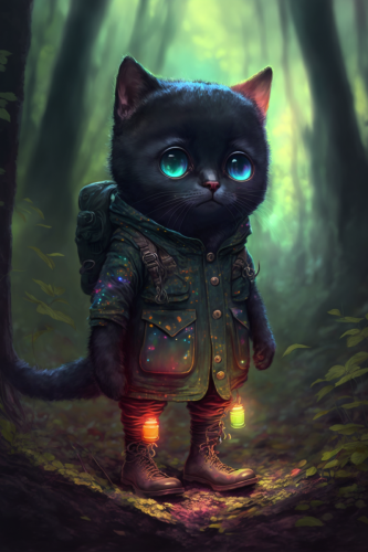 Miro Adorable big eyed vantablack cat wearing colorful coverall d9f7a266-7be8-4c42-a390-a6534b3ad251