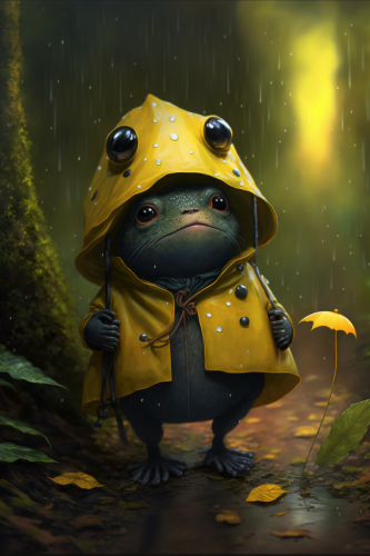 Miro Adorable big eyed vantablack frog wearing a yellow raincoa 7216dc54-6961-44e0-9e5f-f3f52d10c055