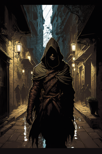 Slyeye one hooded rogue assassin in a wet dark lamplit alleyway 892a6c81-d1d1-46a7-b0e4-117f79c08594
